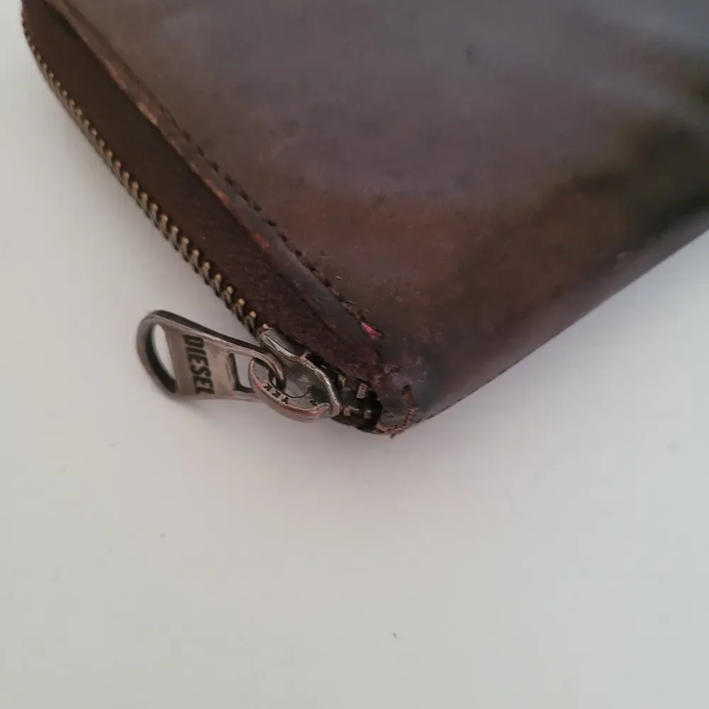 Diesel Brown Pink Leather Large Wallet Clutch‎ Accordion Zip Around Long Logo